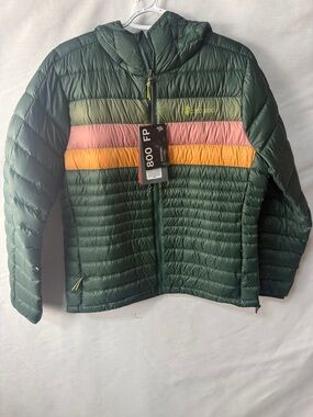 cotopaxi Kids Green Puffer Jacket with Pink & Yellow Stripes
